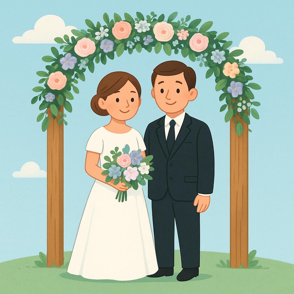 A simplified illustration showing a smiling bride in a white dress holding a bouquet and a groom in a suit standing together under a floral arch.