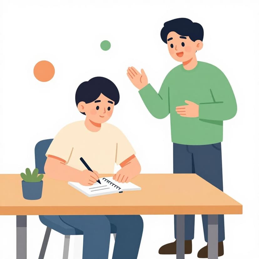 A person speaking clearly while another person writes on a notepad with a pen.