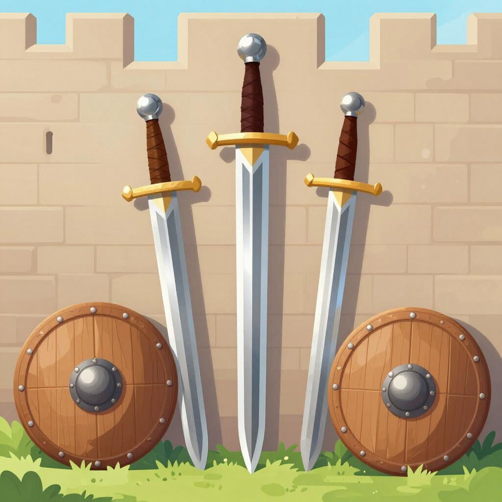 Une rangée d'épées et de boucliers médiévaux appuyés contre un mur de pierre.