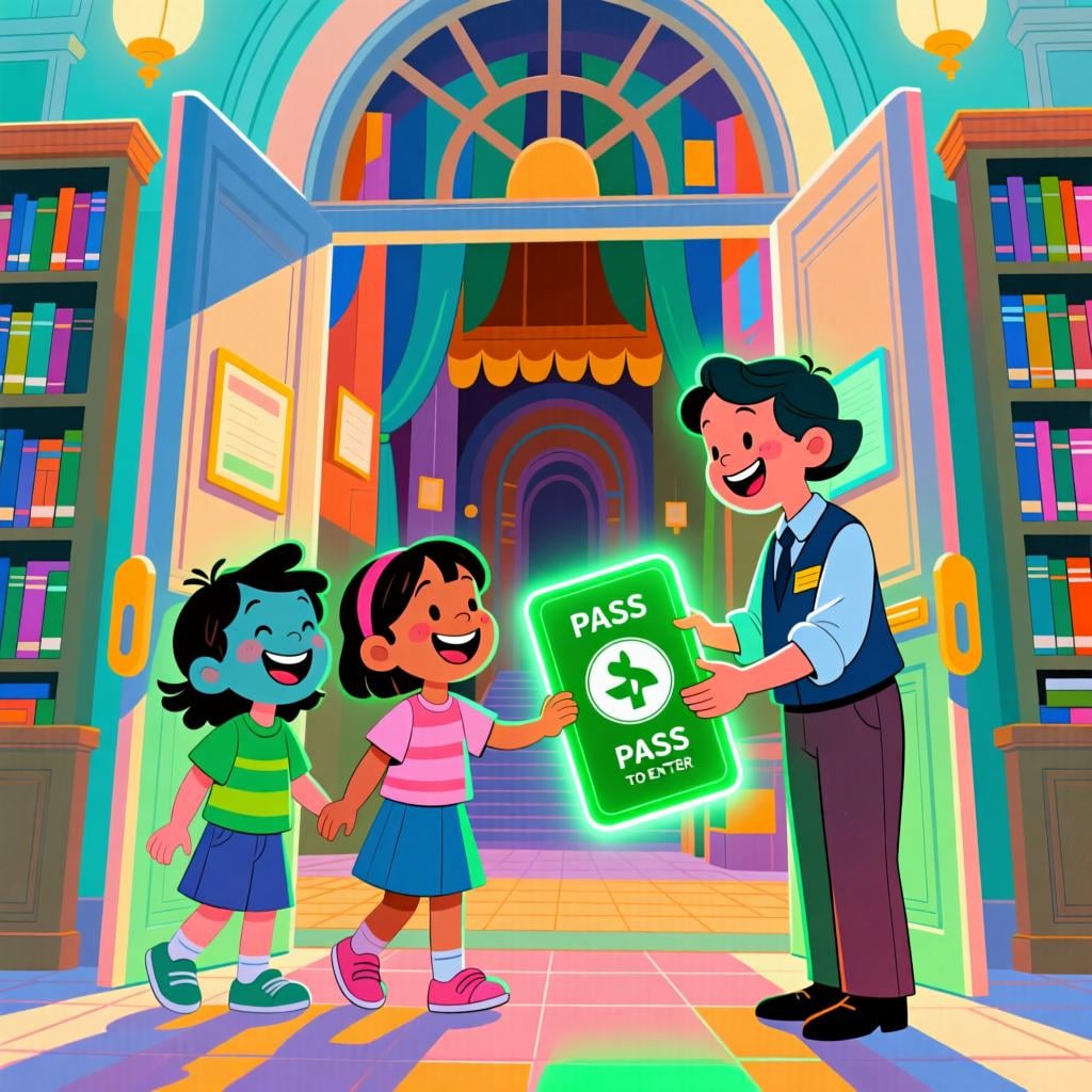 A group of happy students being given a key or a green light to enter a large, inviting library building.