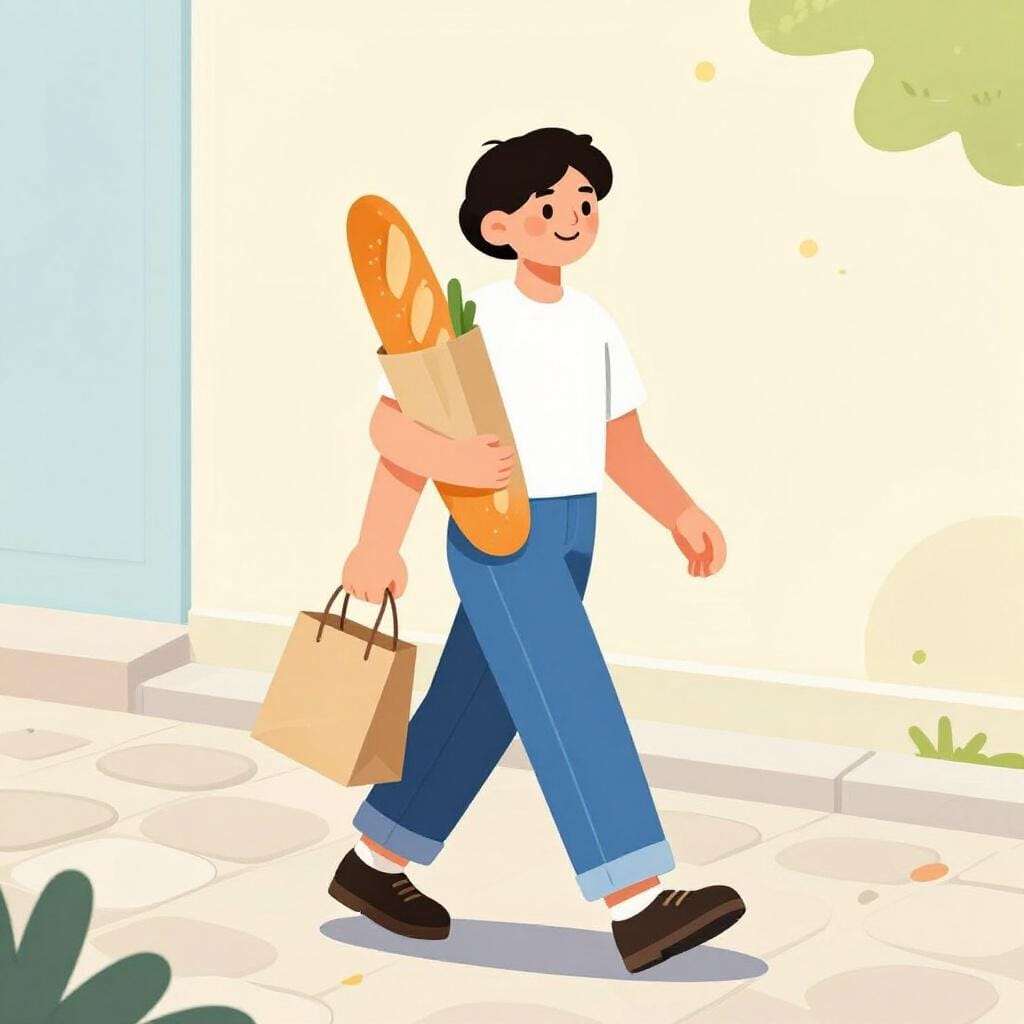 A colorful storybook illustration of a person walking down a village street carrying a loaf of bread and a small brown paper bag.