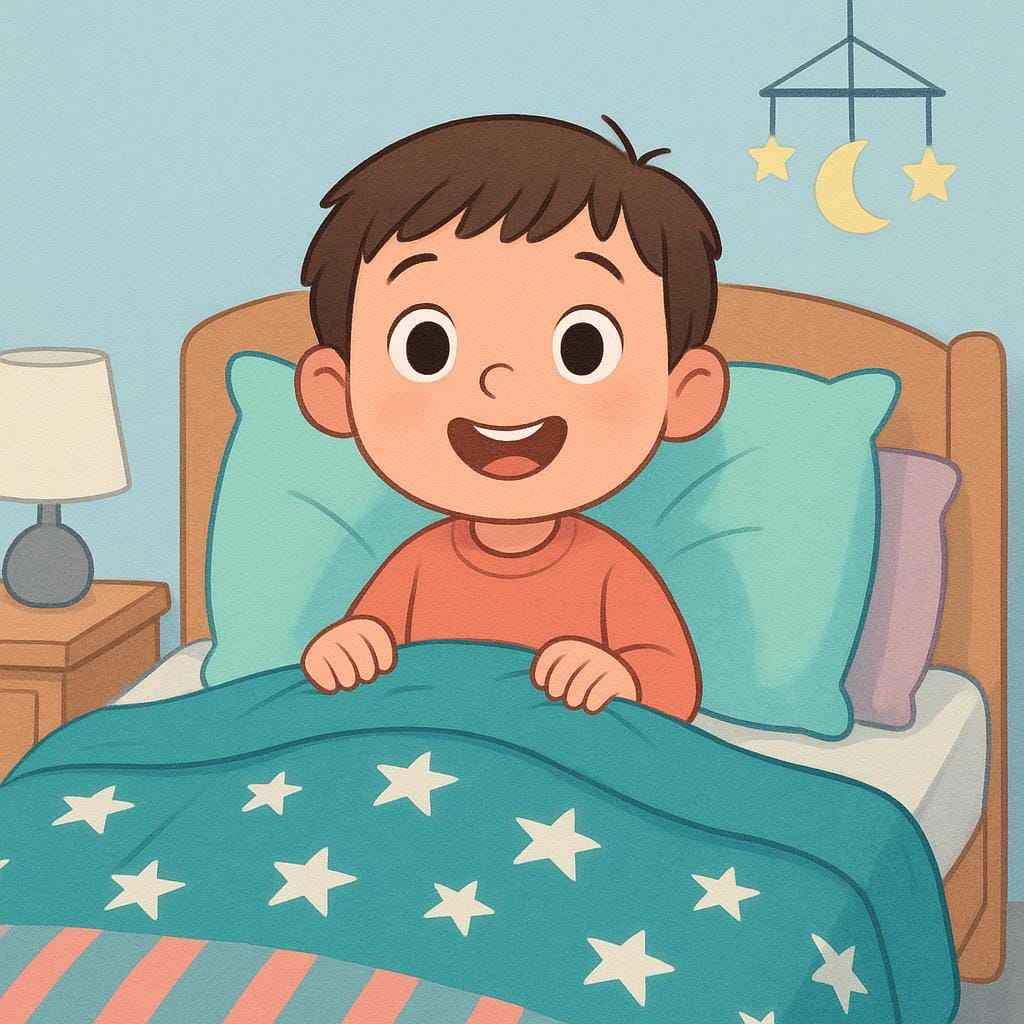 Uma criança pequena sentada em uma cama colorida, parecendo alerta e acordada com os olhos bem abertos.