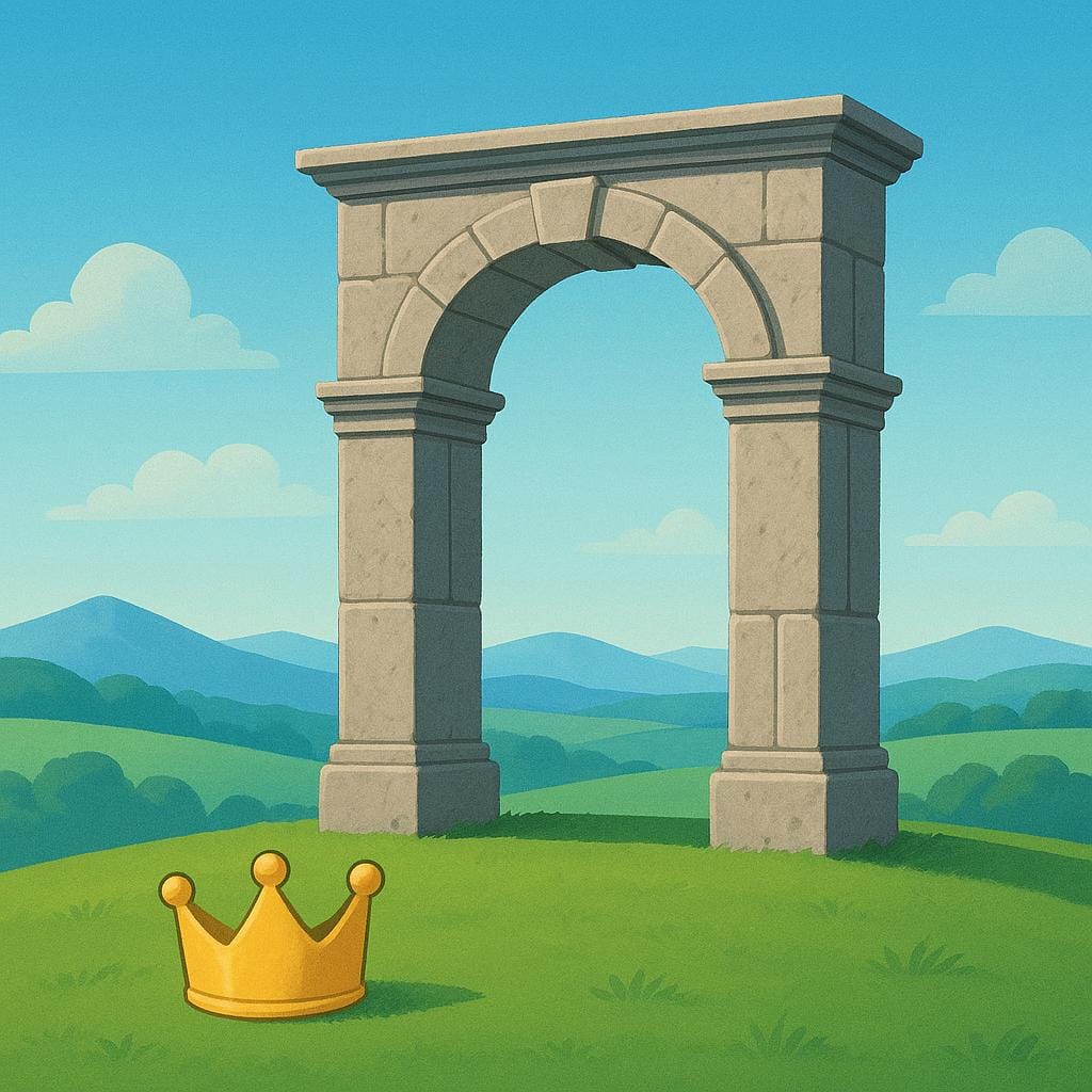 A simplified illustration showing a grand, classical stone archway on a hill, symbolizing historical power, with a golden crown placed on the ground nearby.