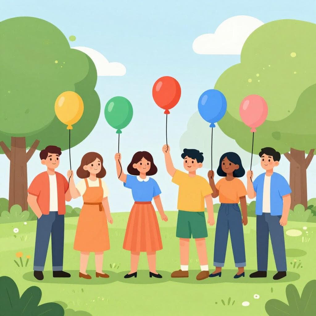 Een kleurrijke illustratie uit een prentenboek die mensen van verschillende achtergronden toont die samen in een park staan, elk met een andere kleurrijke ballon vasthoudend, wat individuele vrijheid en diversiteit symboliseert.