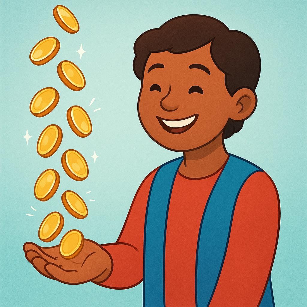 A person happily catching a stream of gold coins falling into their hand, symbolizing regular income.