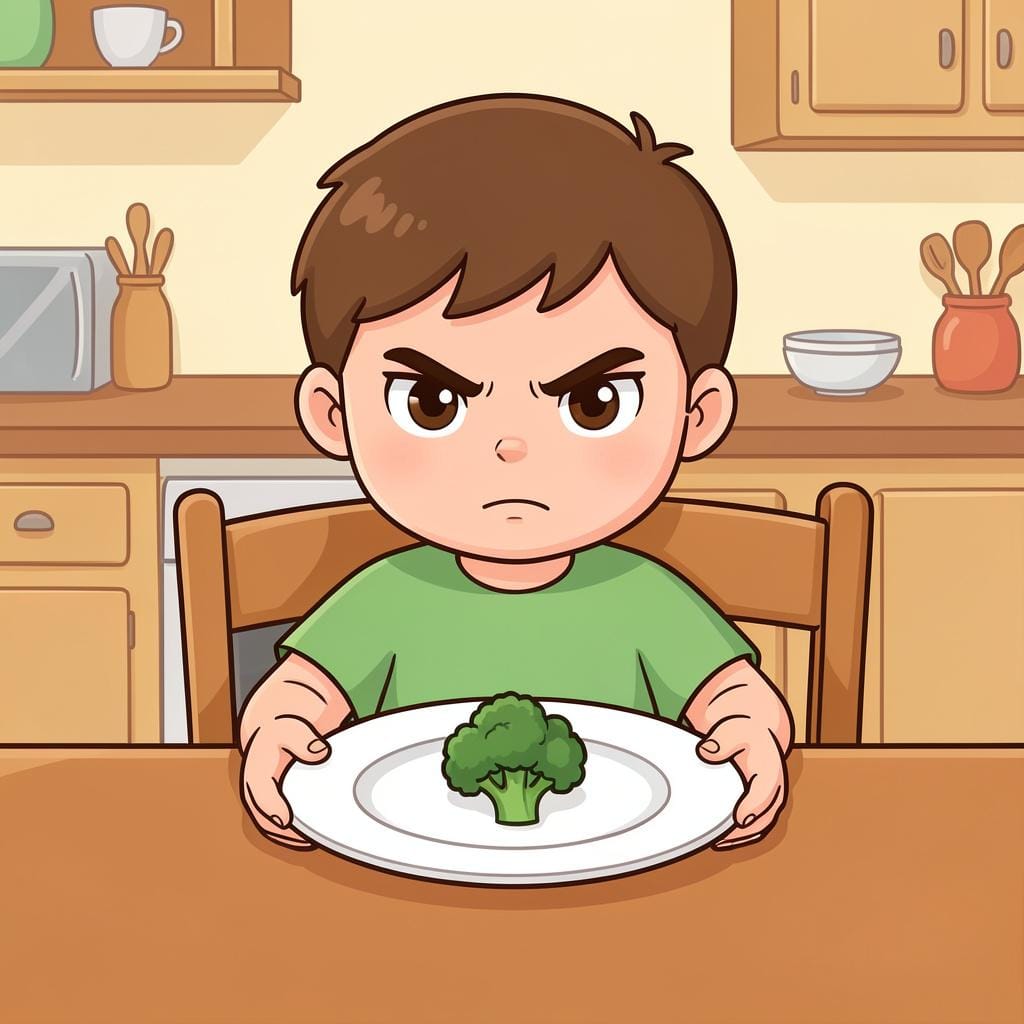 A small child holding out a plate for a second helping of broccoli, looking determinedly at an adult.