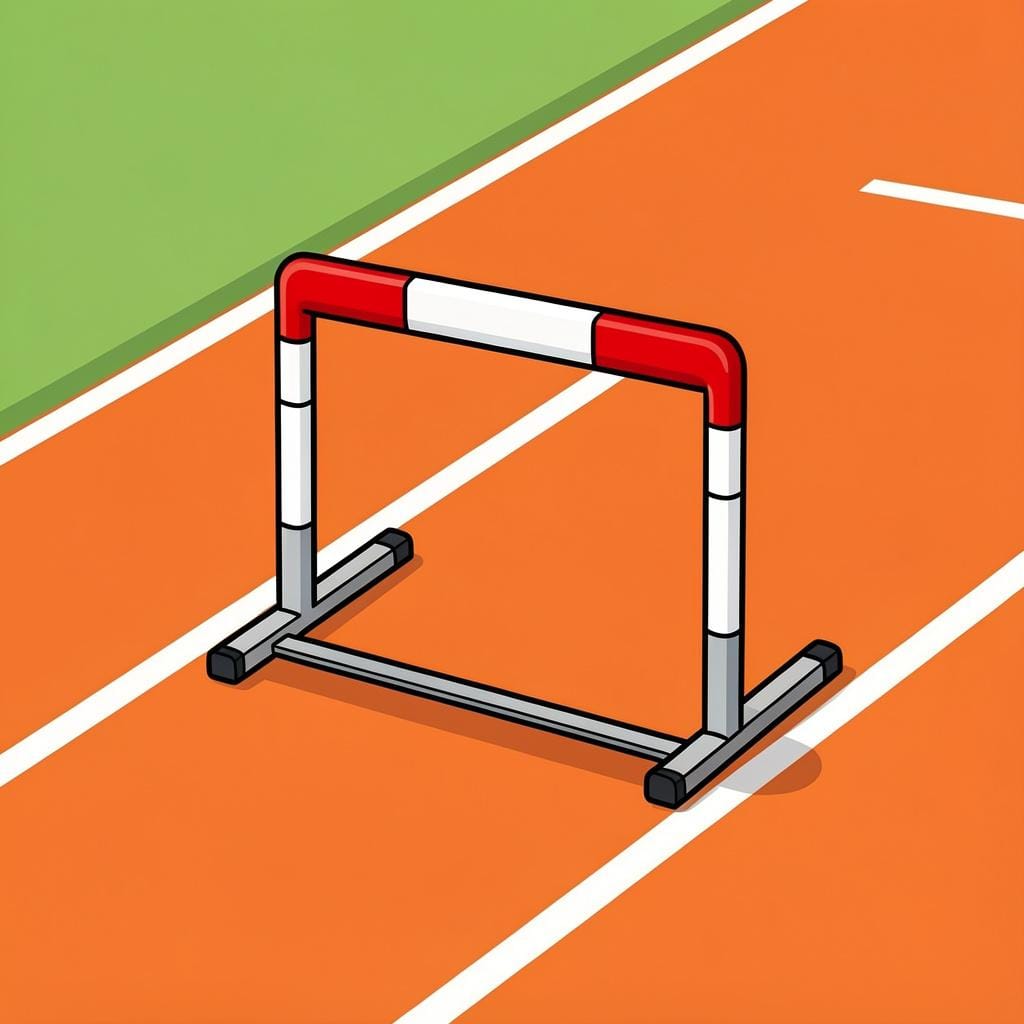 A single red and white athletic hurdle sitting on an orange running track.
