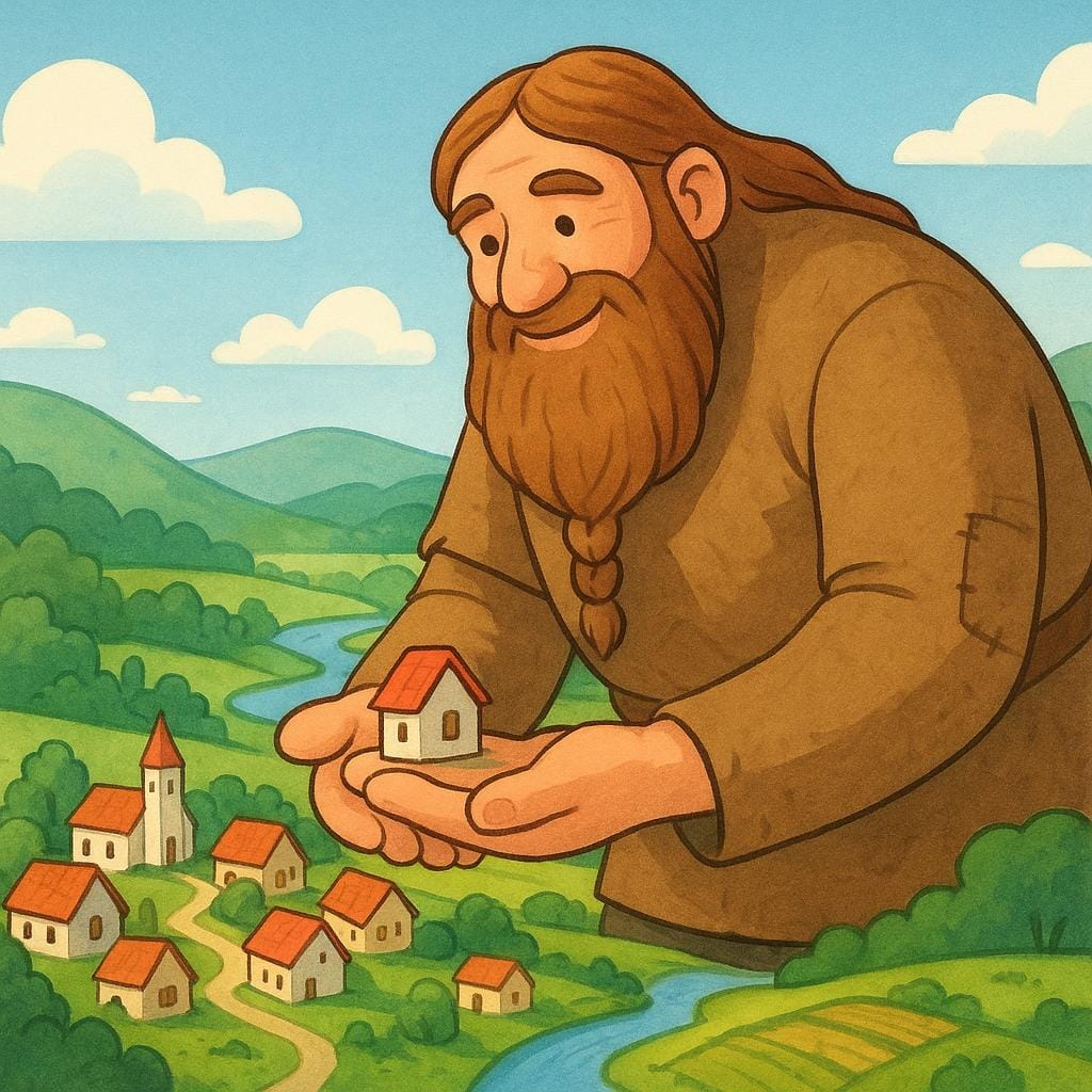 A colossal, bearded giant figure wearing simple clothes, towering over a small village nestled in a green valley.