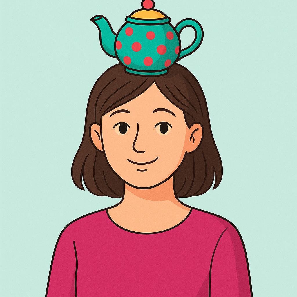 A high quality storybook illustration of a woman standing in a simple field, wearing an absurd and brightly colored teapot on her head instead of a hat.
