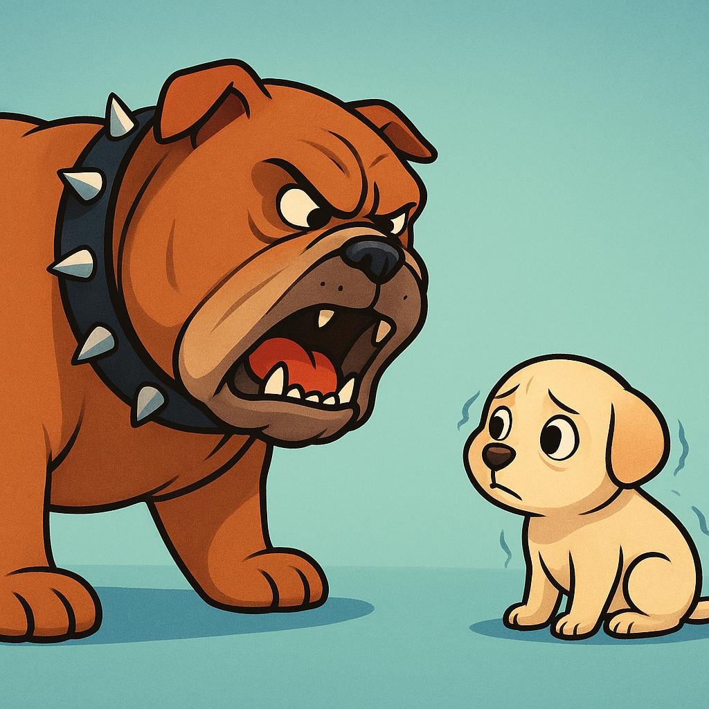 A large, aggressive dog barking and baring teeth at a smaller, frightened dog.