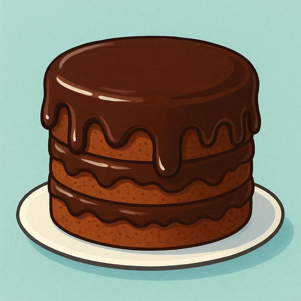 A delicious, simple layer cake completely coated in thick, glossy chocolate frosting that drips slightly down the sides.