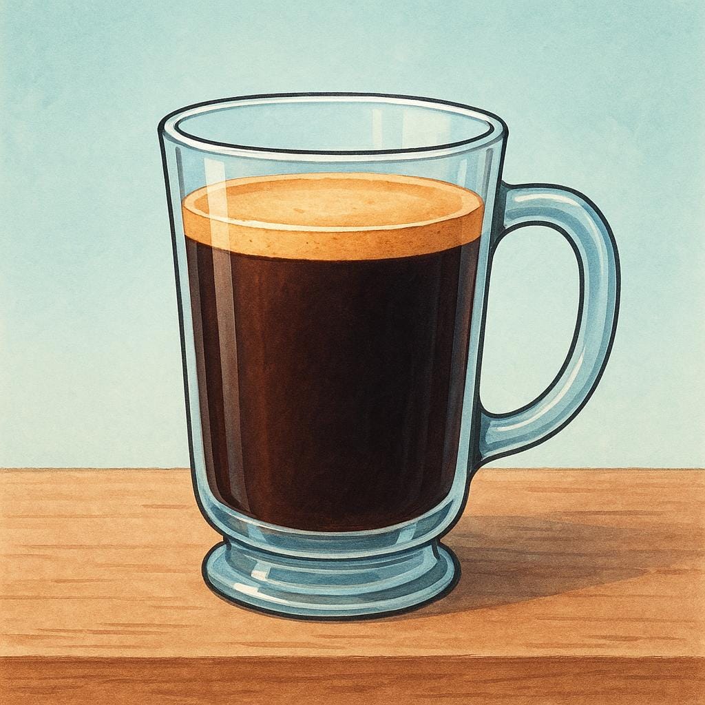 Une grande tasse en verre contenant une boisson au café sombre, connue sous le nom d'Americano, posée sur une surface en bois.