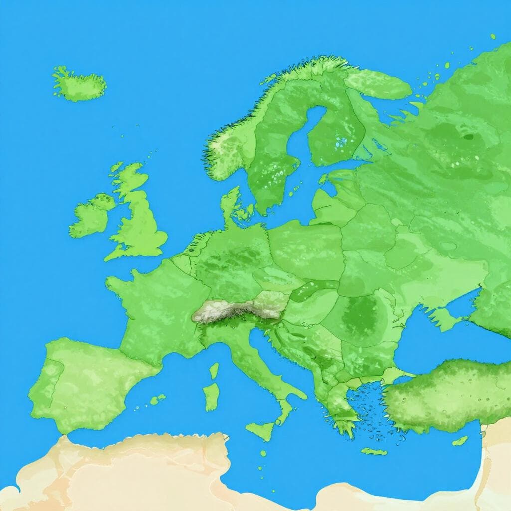 Una mappa colorata del continente europeo che evidenzia la sua forma unica su uno sfondo blu oceanico.