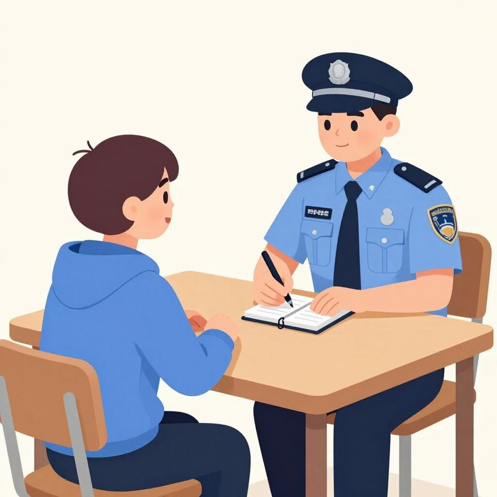 A person in a dark jacket sitting at a table in a dimly lit room, speaking to a police officer who is taking notes.