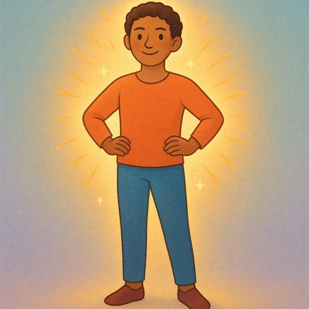 柔らかく温かい金色の光を外側に放射しながら、自信に満ちて立っている明るく微笑む人。