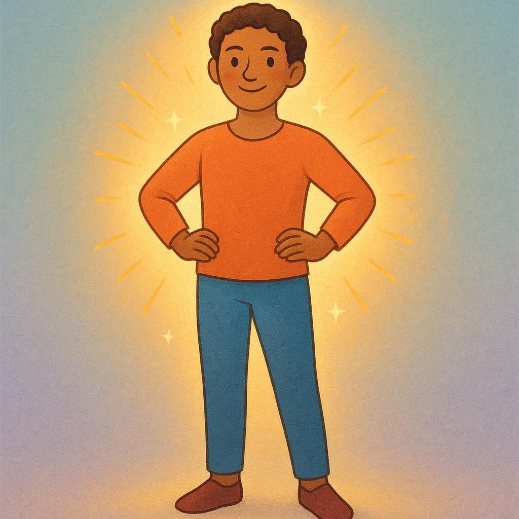 A brightly smiling person standing confidently, surrounded by a soft, warm, golden glow radiating outward.