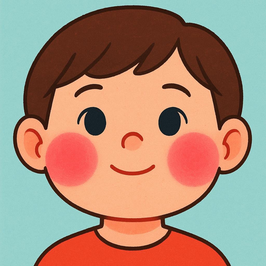 A person with bright rosy pink cheeks smiling gently.