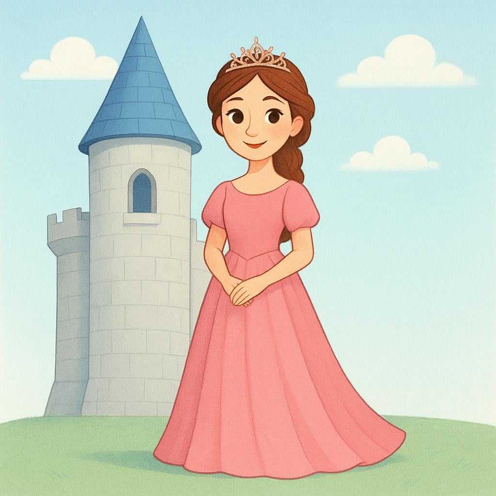 A storybook illustration of a young princess wearing a small golden crown and a flowing pink gown, standing near a simplified castle tower.