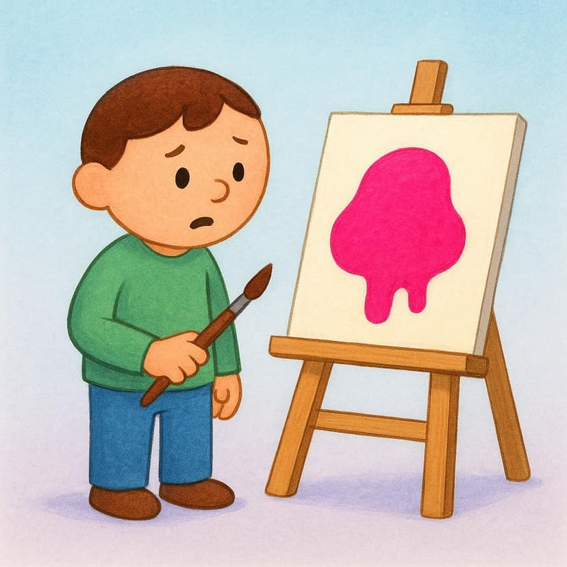 簡略化された人型のキャラクターがイーゼルの横に立っており、キャンバスに描かれた大きく、乱雑で、場所の違う絵の具のシミを、明らかに絵画の誤りを示しながら、少し不満そうに見下ろしている。