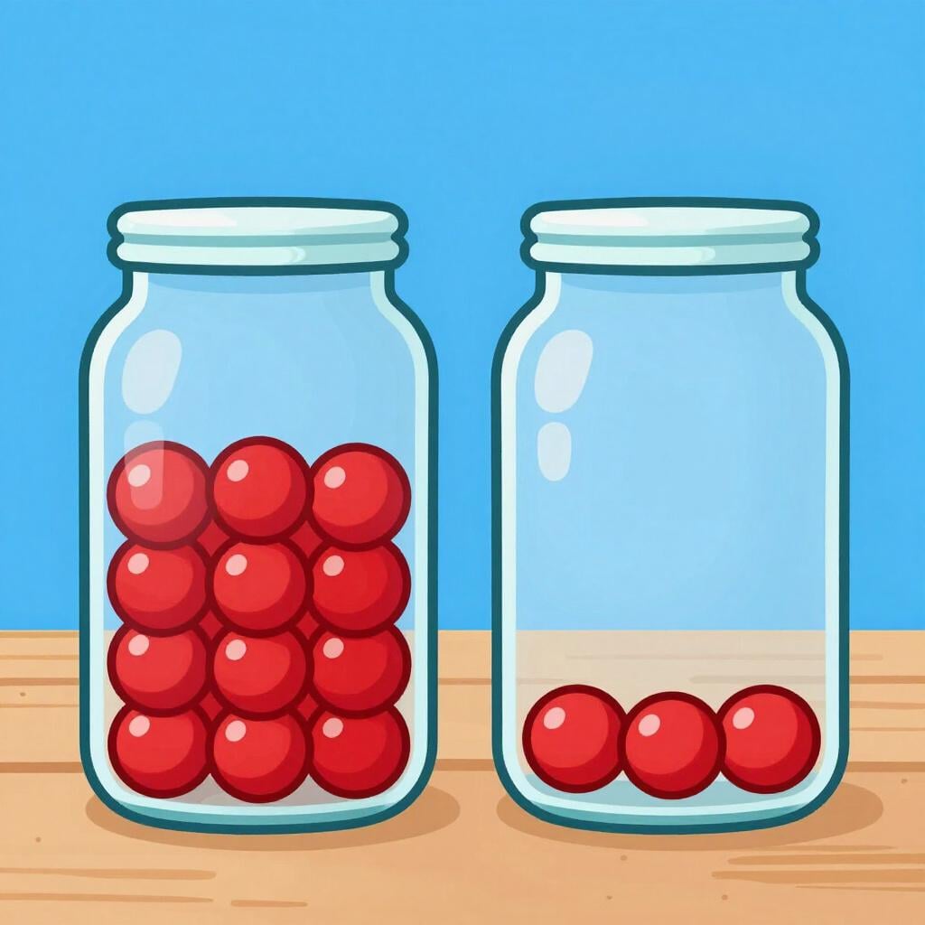 A jar filled with many colorful marbles packed tightly together compared to a jar with only a few marbles.