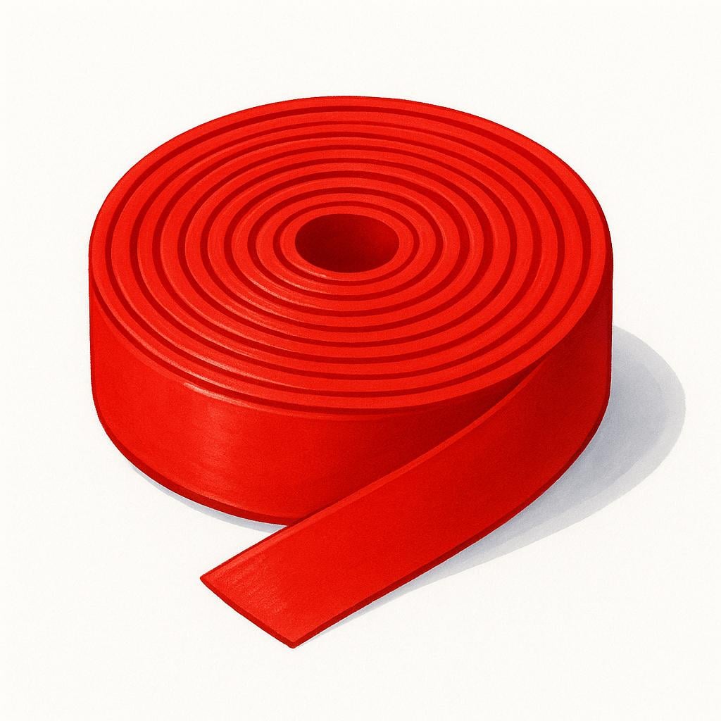 A tightly wound spool of bright red ribbon resting on a clean white surface.