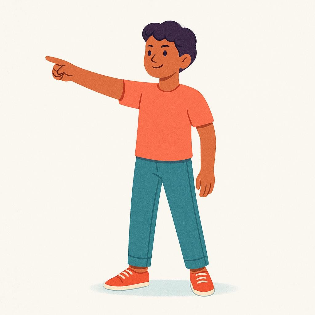 A person with a bright red shirt standing and pointing emphatically with their index finger toward the right.