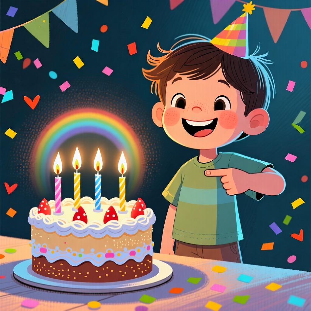 A smiling child standing next to a birthday cake with five lit candles on it, illustrating how 'tener' is used for age.