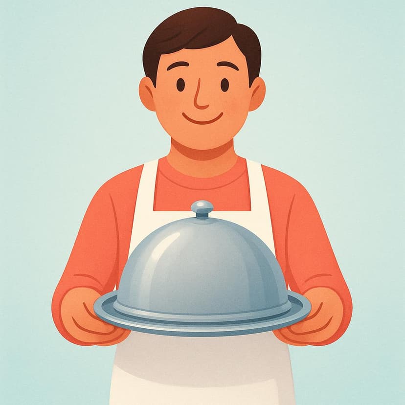 A smiling waiter wearing a clean apron holds a tray with a covered dish, ready to serve food to a customer.
