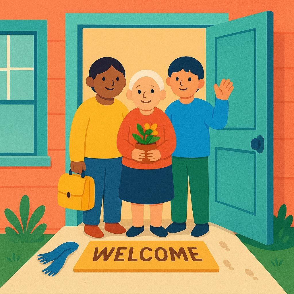 An illustration depicting three stylized characters standing together just inside the open doorway of a brightly colored, welcoming house, suggesting they have just arrived.