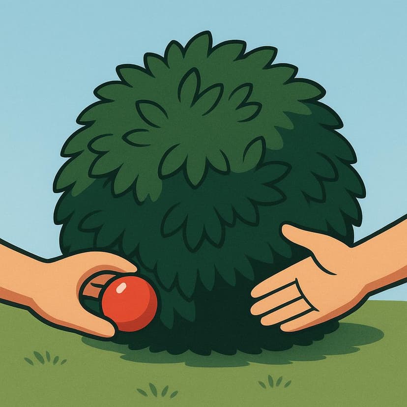 A simple illustration showing a pair of hands hiding a small red ball behind a large green bush.