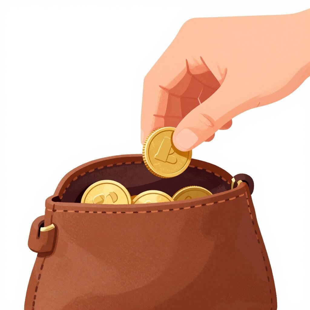 A hand surreptitiously taking a gold coin out of a person's open pouch.