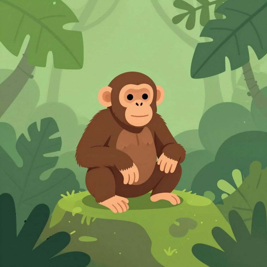 Un chimpanzé amical assis sur un rocher moussue dans une jungle luxuriante.