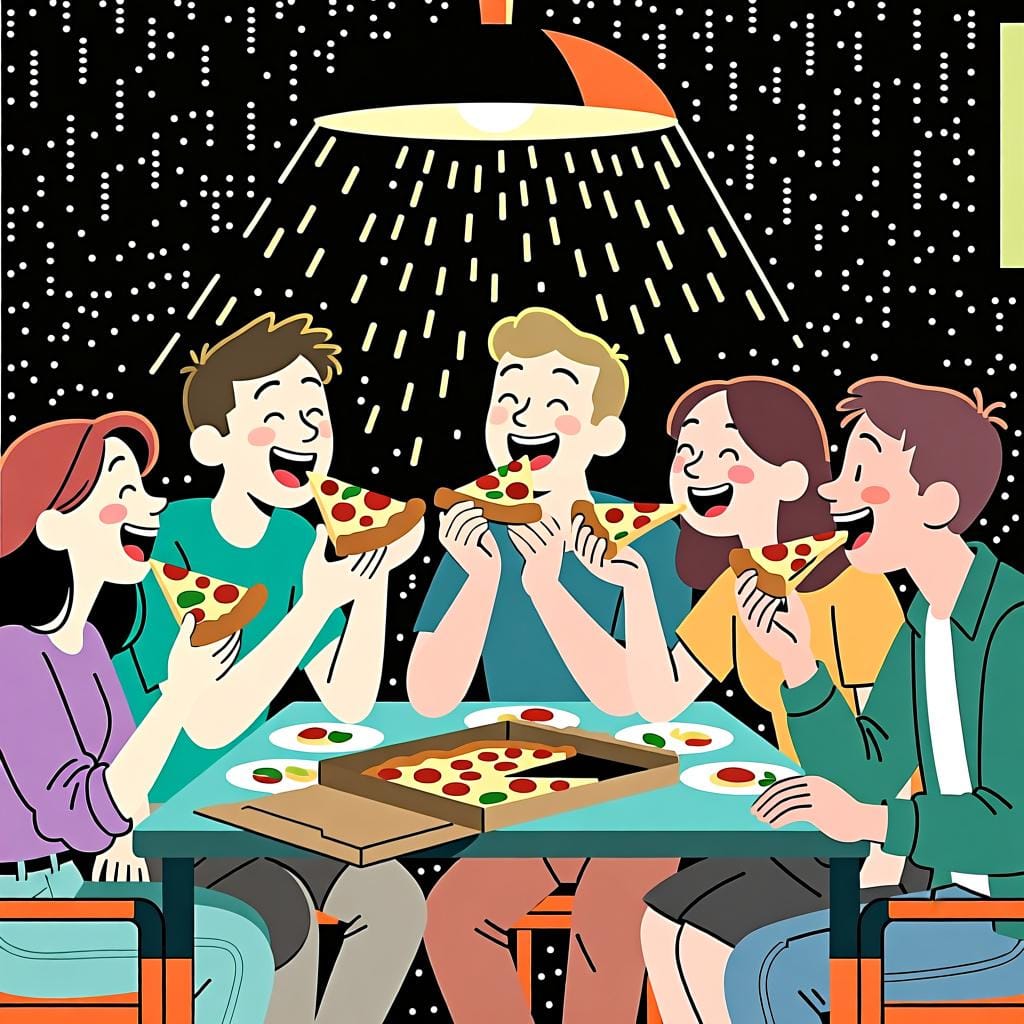 数人がテーブルでピザを積極的に食べている様子。'están'が進行中の動作に使われていることを示しています。