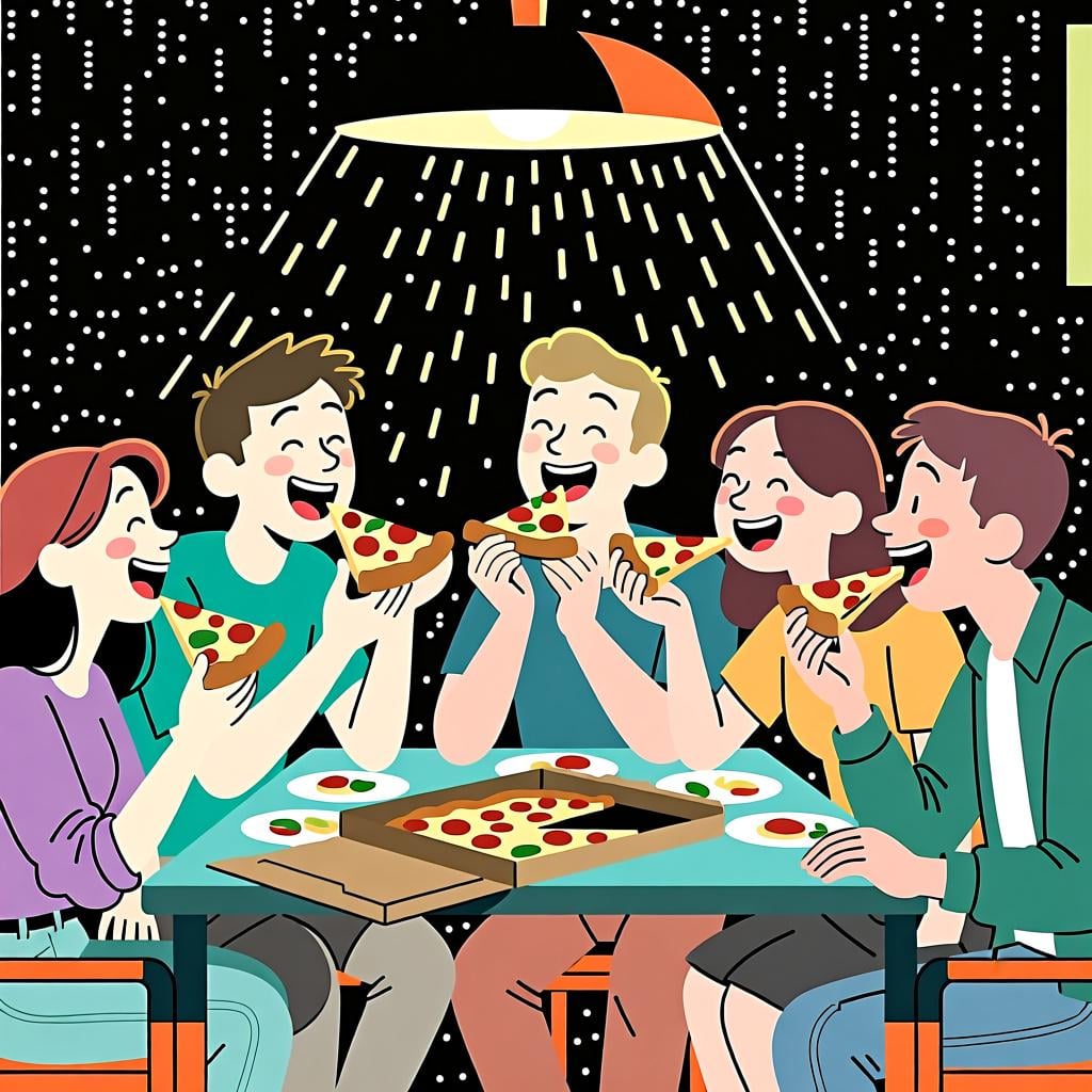 Several people actively eating pizza at a table, showing 'están' used for an action in progress.