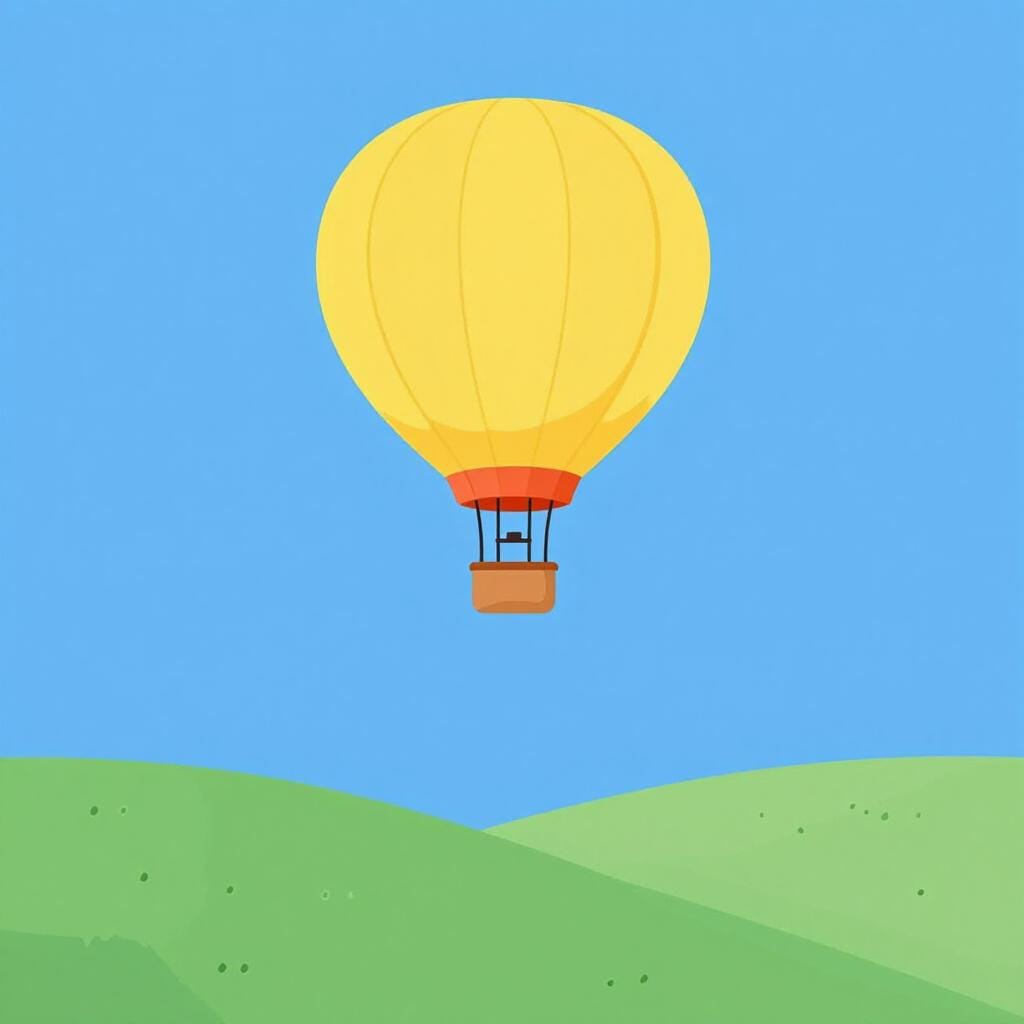 A colorful hot air balloon rising steadily into a clear blue sky above green hills.