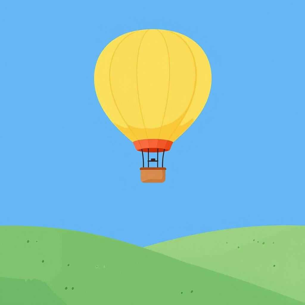 A colorful hot air balloon rising steadily into a clear blue sky above green hills.