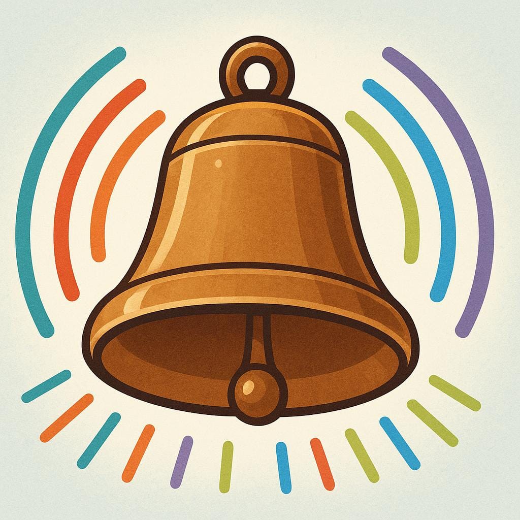 A large, simple brass bell actively being rung, with stylized sound waves depicted as expanding arcs emanating outwards, illustrating the ongoing action of sounding.