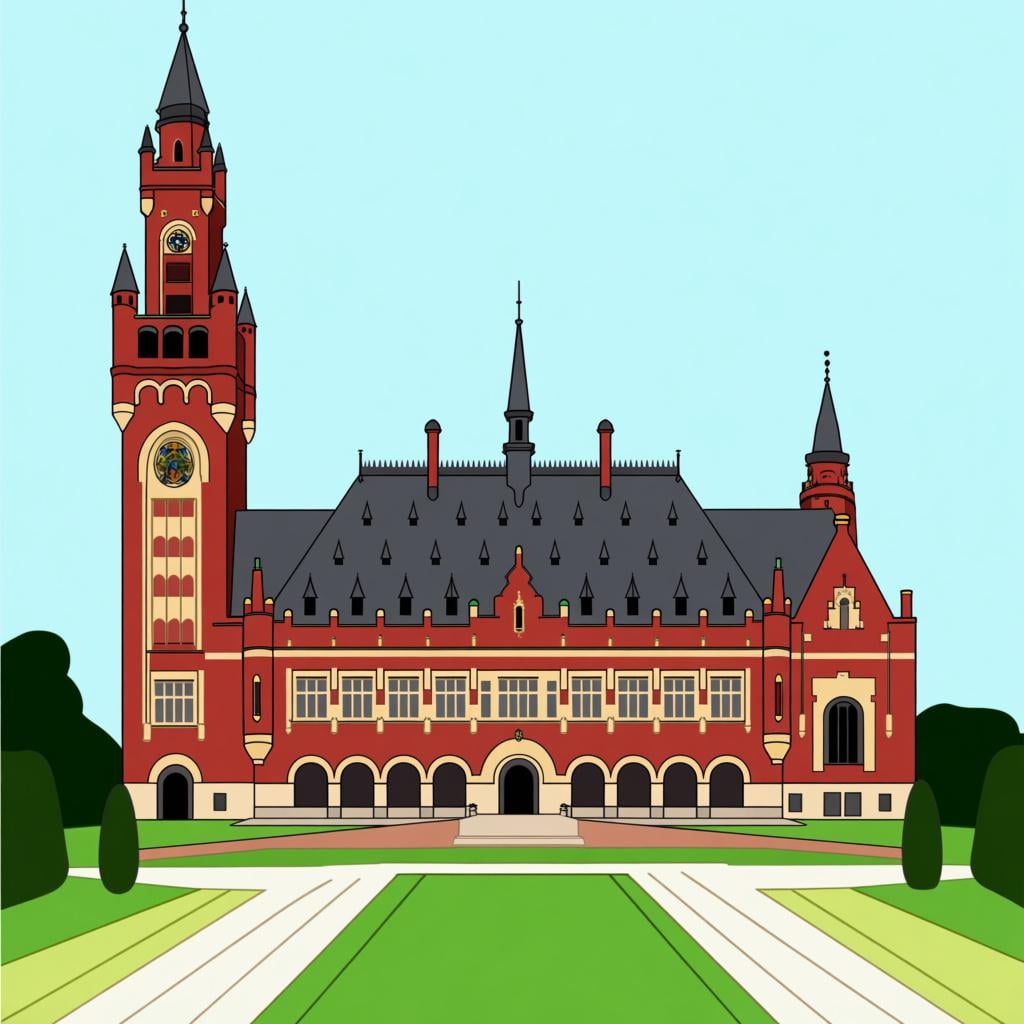 The Peace Palace building in The Hague, Netherlands, featuring its iconic central tower and red brick facade, symbolizing the city.