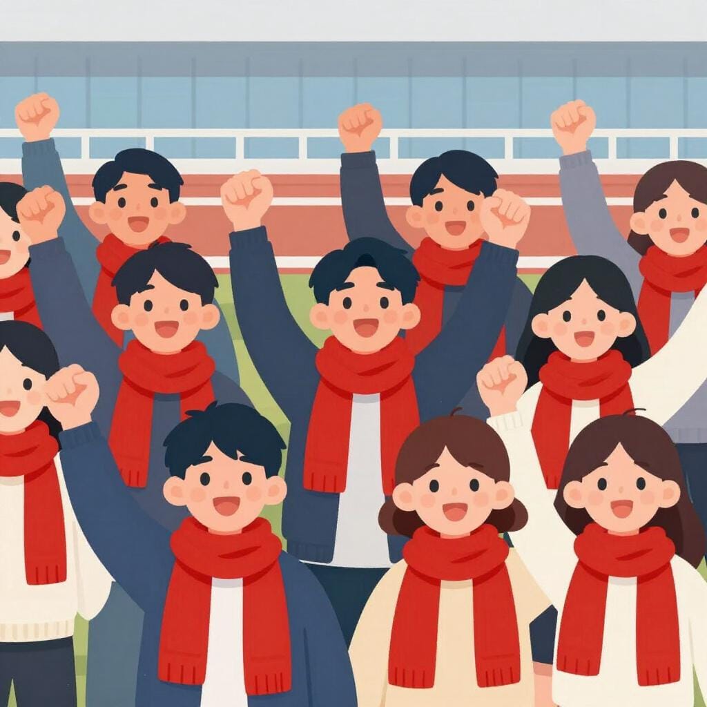 Een groep vrolijke mensen die bijpassende teamkleuren dragen en juichen met hun handen in de lucht.