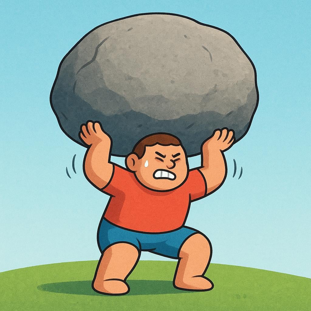 A sturdy character using their arms and back to hold up a massive, heavy structure, demonstrating physical support.