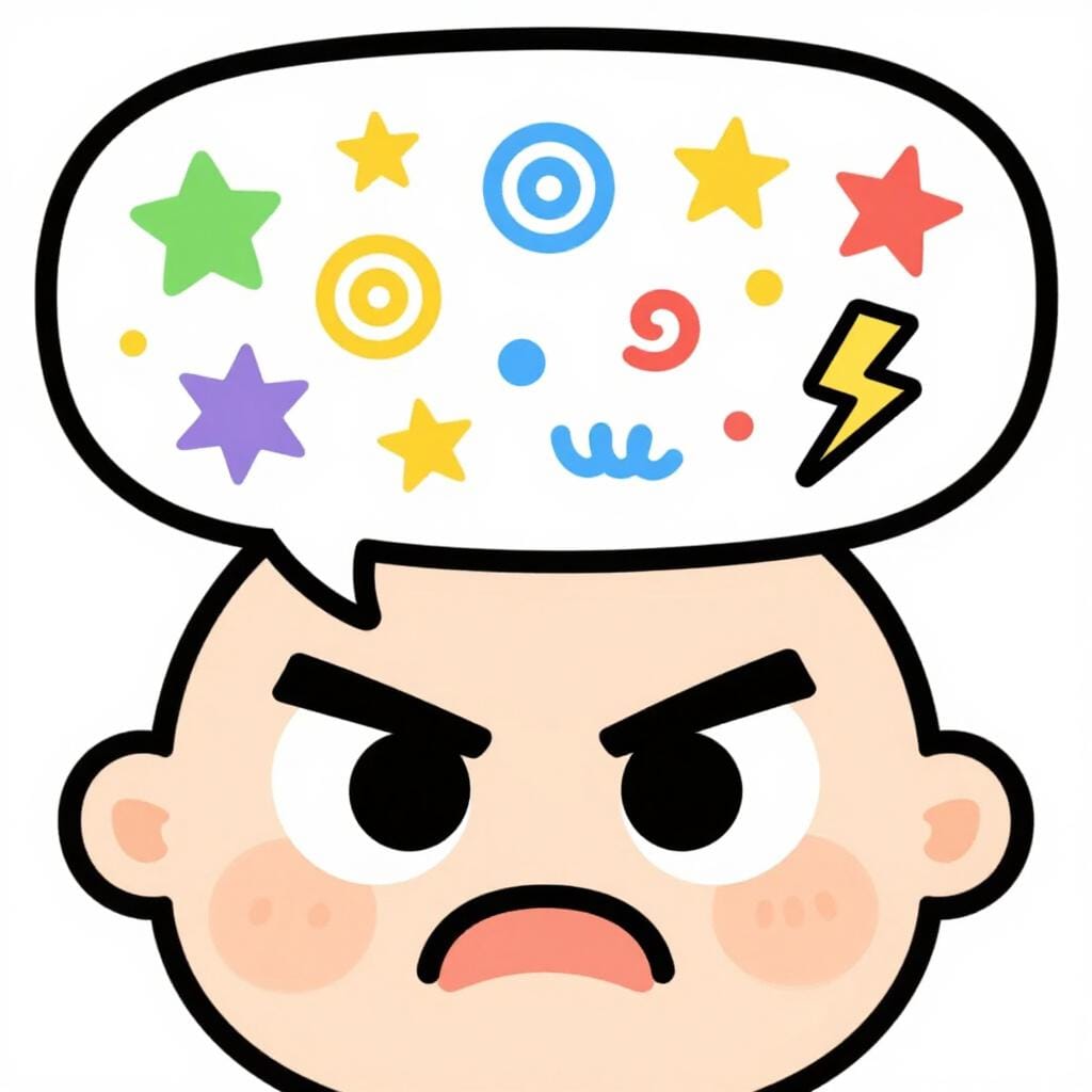 A cartoon person looking angry with a red face and a speech bubble containing symbols like stars and lightning bolts.