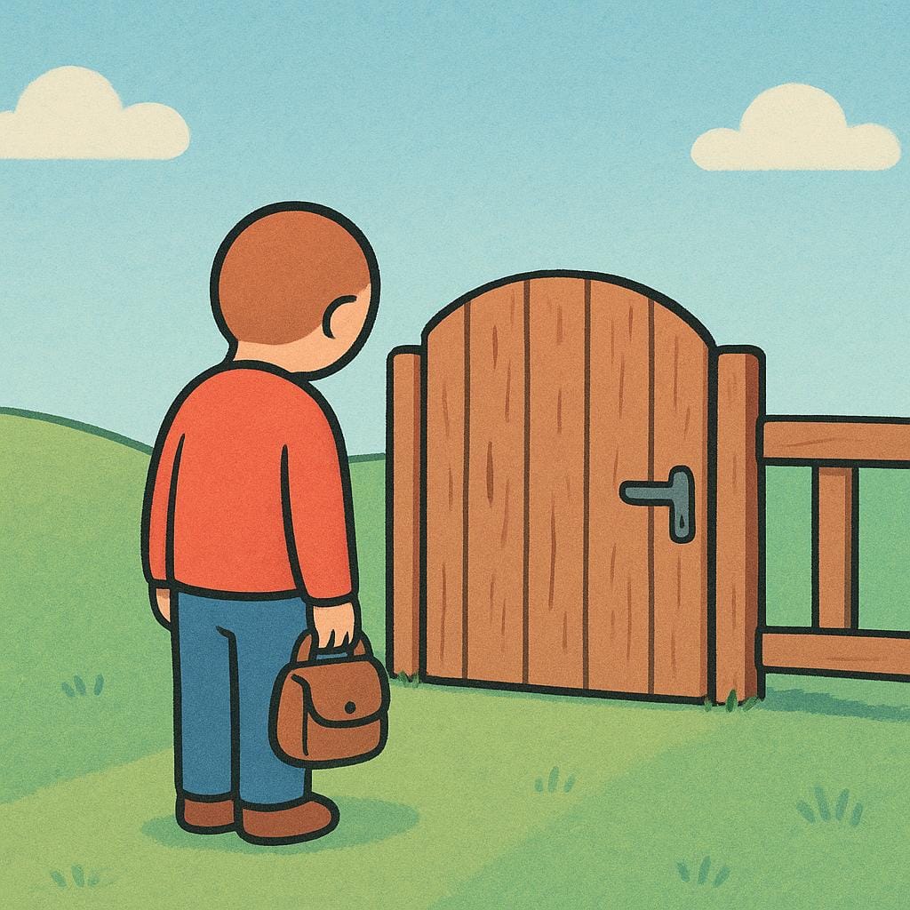 A simplified illustration of a person standing alone outside a closed gate, symbolizing an individual who has been forced to leave.