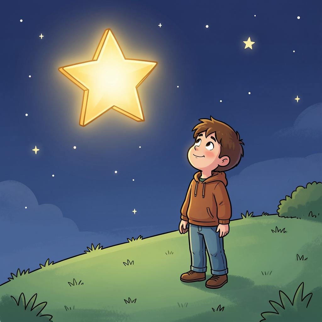A person looking at a bright, glowing star in the sky with a thoughtful, hopeful expression.