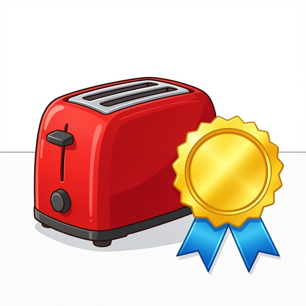 Ein neuer, glänzender Toaster mit einem leuchtend goldenen Qualitätssiegel daran befestigt.