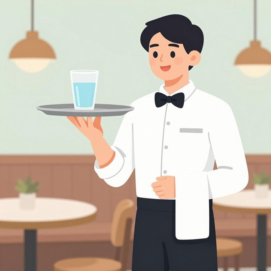 Um garçom com camisa branca e avental preto segurando uma bandeja de prata com um copo de água.