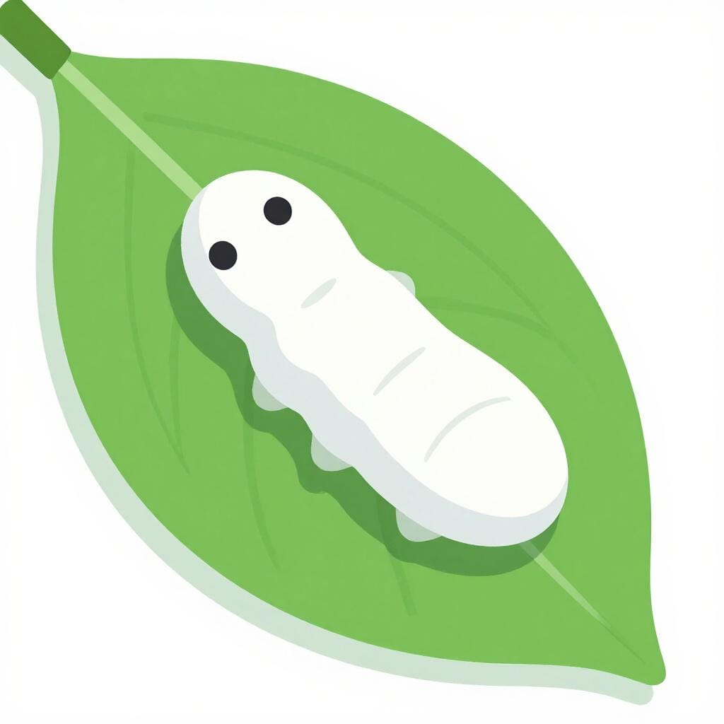 Un bozzolo di seta bianco appeso a una piccola foglia verde.