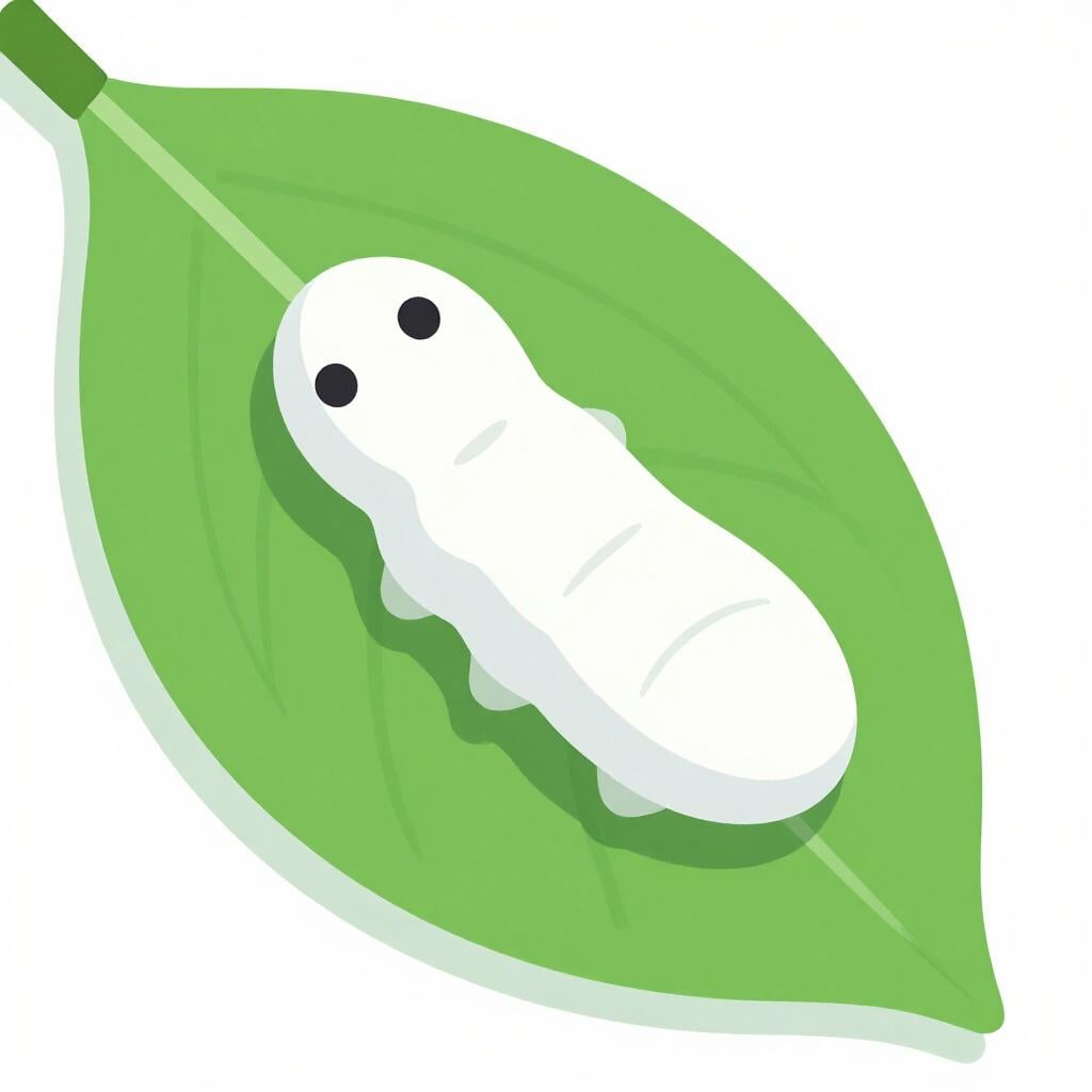 Un cocon de soie blanc pendant d'une petite feuille verte.