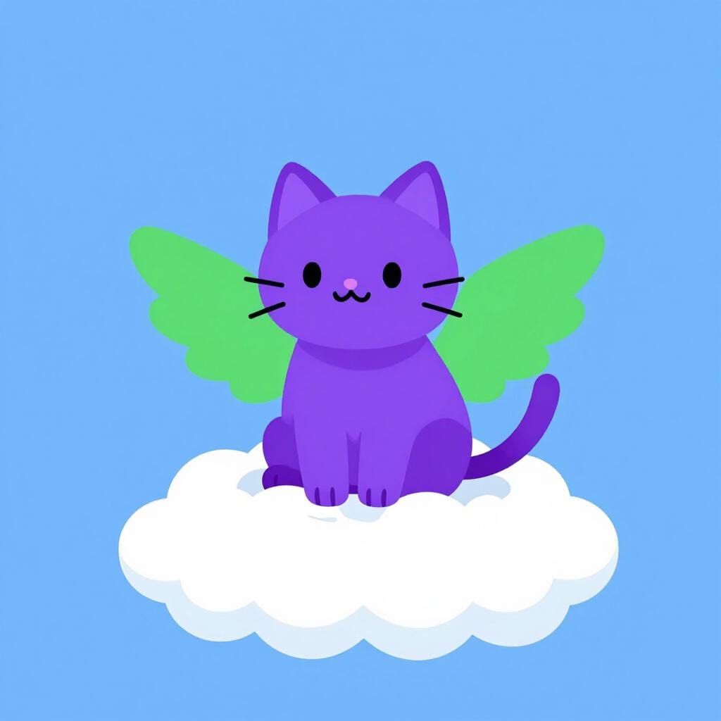 Een kleurrijke illustratie van een paarse kat met felgroene vleugels, zittend op een wolk.