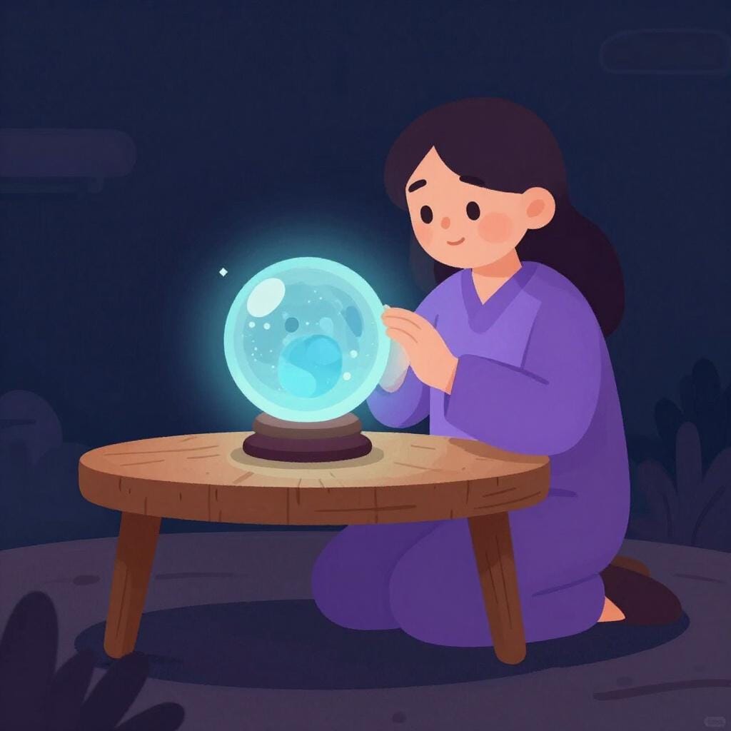 Een persoon die een gewaad draagt en in een gloeiende kristallen bol kijkt op een klein tafeltje.