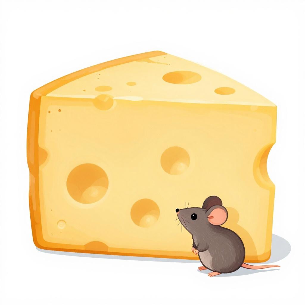 Een kleine muis kijkt op naar een gigantisch, bergachtig stuk gele kaas. De enorme omvang van de kaas in vergelijking met de muis symboliseert het woord 'enormemente'.